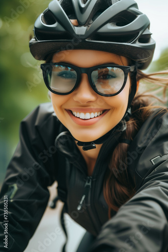 close-up of a young woman wearing a cycling helmet and gear, smiling while riding a bike