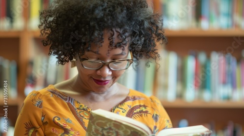 Intelligent Woman with Curly Hair and Glasses Reading in Library AI Generated.