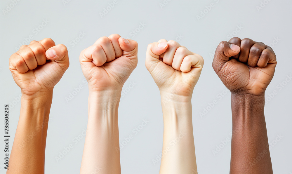 Multi ethnic fists raised up in sign of protest Multi ethnic fists raised up in sign of protest