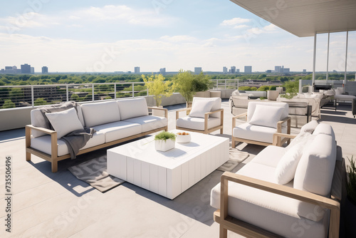 Modern Outdoor Terrace Lounge Area in Daylight, White Couch on Wooden Floor © keystoker
