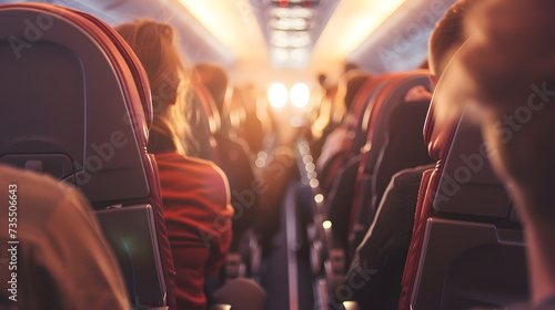 A photo of a commercial airplane passenger. a passenger aisle with seats and people in the background.