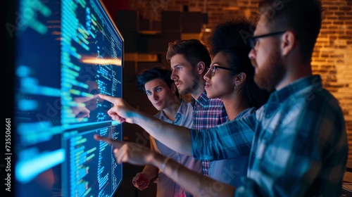 Team of QA Engineers Collaborating: A photo of a diverse group of QA professionals collaborating around a large monitor, pointing at lines of code