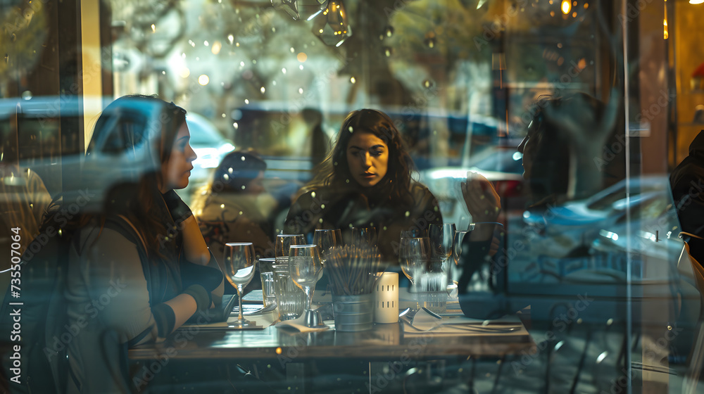 A photo of a woman meeting up with friends for lunch, reflected in a restaurant window. A photo of a woman meeting up with friends for lunch, reflected in a restaurant window.