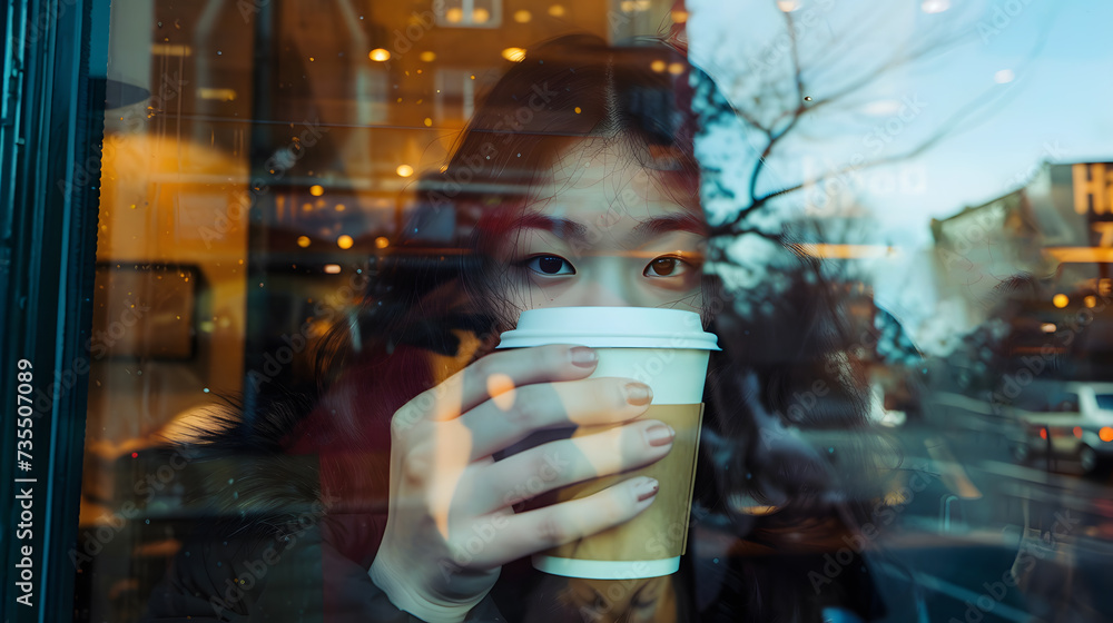 A photo of a woman taking a break from work to enjoy a cup of coffee, reflected in a window.