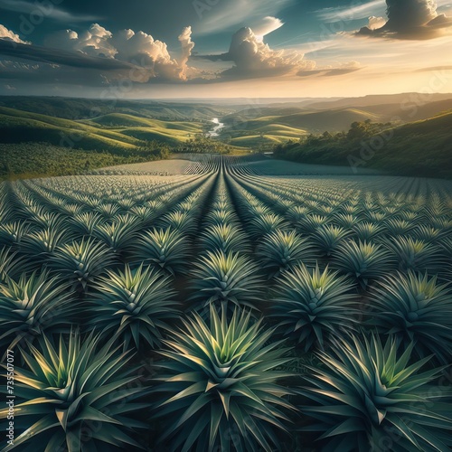 Pineapple ananas field, beautiful landscape with clouds
