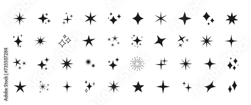 Star vector icons set. Sparkle signs collection. Black stars and sparkles isolated  on white background. Simple flat symbols. Vector illustration. 