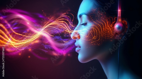 Image of an audio signal wave coming from a woman's ear. Audio concept.