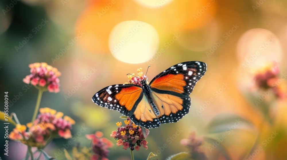 Fototapeta premium Monarch Butterfly Perched on Wildflowers with Soft Bokeh Background.