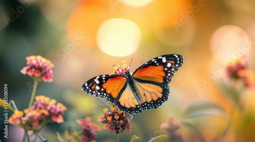 Monarch Butterfly Perched on Wildflowers with Soft Bokeh Background. © Calima