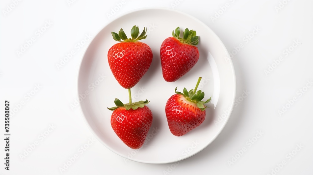 Strawberries, on a white round plate, on a white background, top view Strawberries, on a white round plate, on a white background, top view