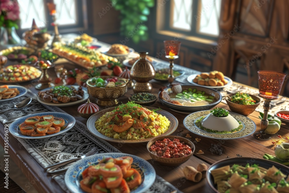 A 3D family table with various types of traditional Ramadan meals