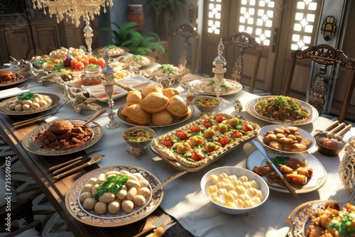 A 3D family table with various types of traditional Ramadan meals