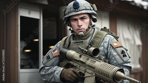 A young soldier in full combat gear with a stern expression stands in a doorway, equipped with a helmet, communication headset, and rifle. Concept of fight against terrorism or anti-terrorism photo