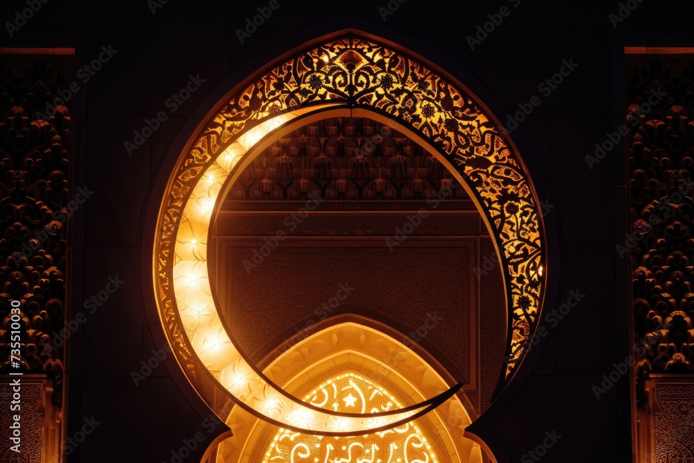Islamic architectural silhouette with a shining half-moon indicating the approach of Eid al-Adha