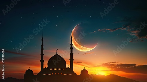 Islamic architectural silhouette with a shining half-moon indicating the approach of Eid al-Adha © SaroStock
