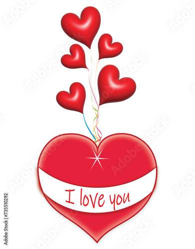 Beautiful red airy heart balloons. Card with congratulatory motif Valentine theme, birthday, wedding and Mothers Day, congratulations with space for your text. I love you.