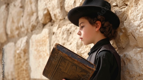 Young Hassidic orthodox boy with sidelocks praying holding prayer book over face beside a Jerusalem white brick wall.