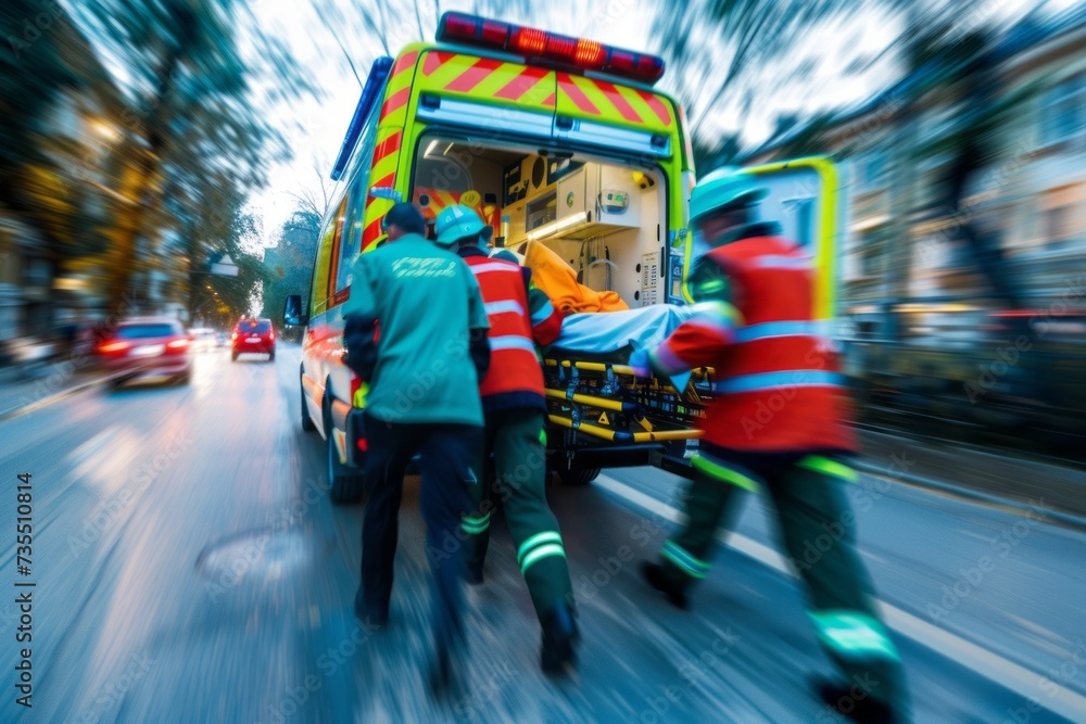 Ambulance emergency car on the road in motion blur. Blurred background