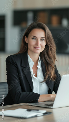 a partner, woman, mid 30s, at a management consulting firm sitting in a meeting in front of her laptop at the office