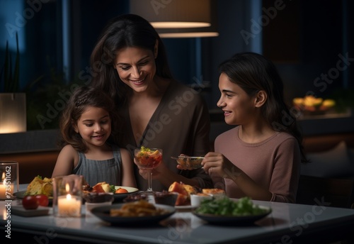 Woman and Two Girls Eating at Table