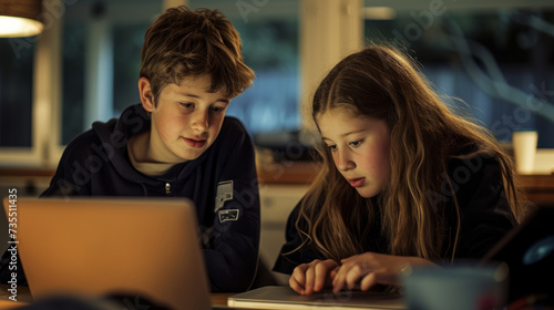 Students, young boy and young girl do home work research. Collaboration, team work concept  photo