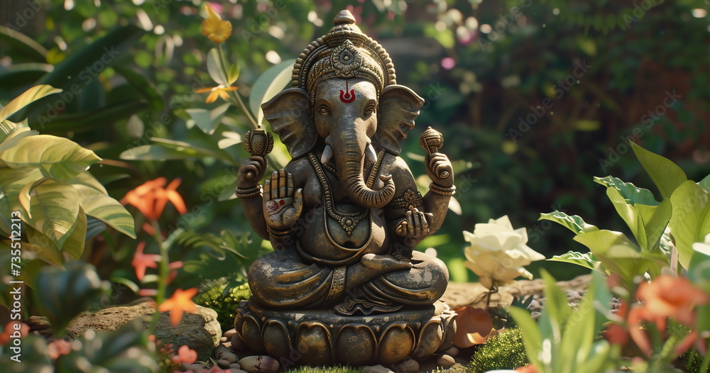 A stone statue of Ganesha in a flower garden. Photorealistic composition for sliders and banners with empty space for text A stone statue of Ganesha in a flower garden. Photorealistic composition for sliders and banners with empty space for text