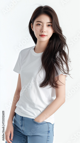 girl. Shooting commercials in studio. White t-shirt short sleeve and jeans © Yongsung