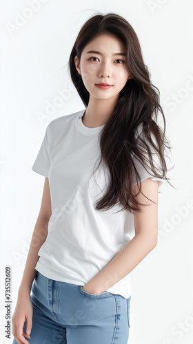 girl. Shooting commercials in studio. White t-shirt short sleeve and jeans