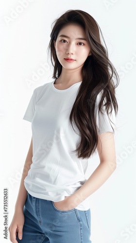 girl. Shooting commercials in studio. White t-shirt short sleeve and jeans