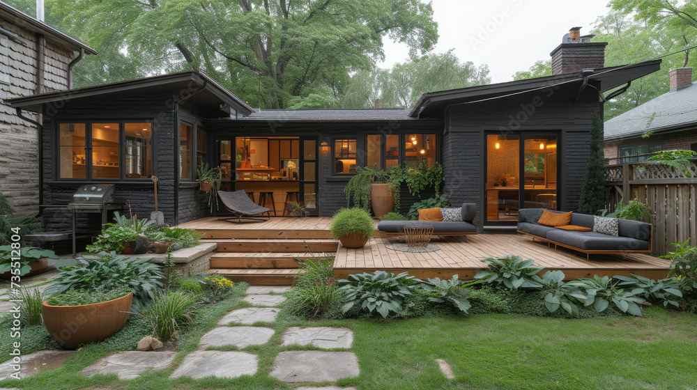 Naklejka premium Scandinavian Cottage Charm: Outdoor Seating Coziness