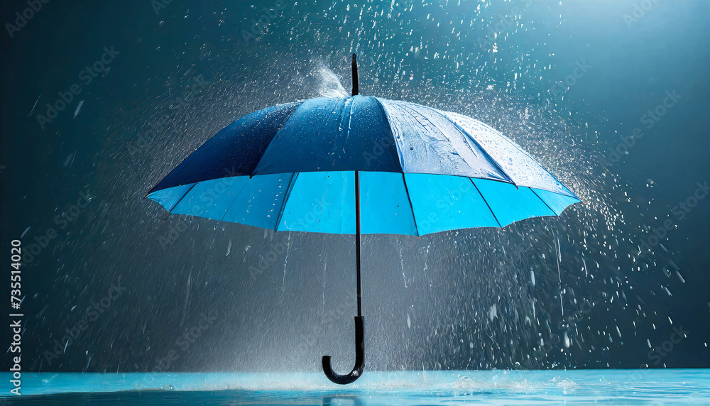 Blue umbrella under heavy rain splash