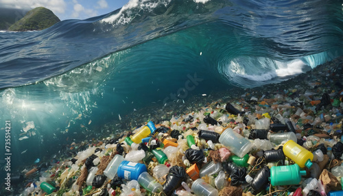 Free-floating industrial plastic waste in the ocean and on beaches, massively polluting coastal regions and waters around the world - ai generated photo