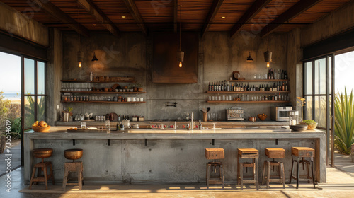 Industrial Loft-Style Bar: Concrete Cabinets and Metallic Accents
