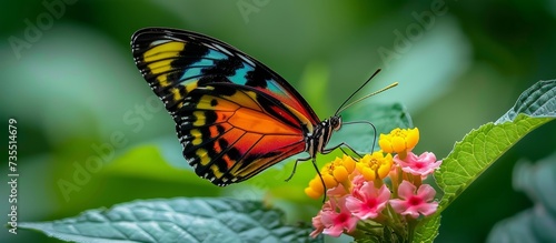 Vibrant colorful butterfly perched gracefully on beautiful blooming flower in nature