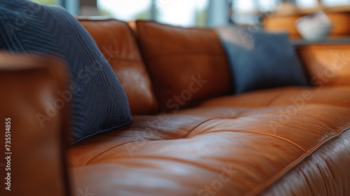 A close up of a leather couch with blue pillows on it, AI