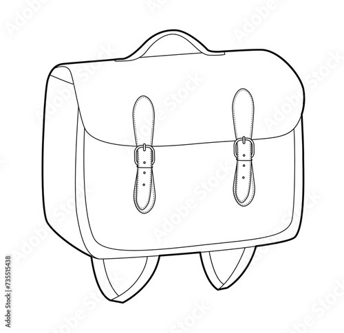 Preppy Backpack backpack silhouette satchel bag. Fashion accessory technical illustration. Vector schoolbag 3-4 view for Men, women, unisex style, flat handbag CAD mockup sketch outline isolated
