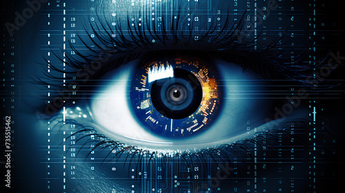 Future technology, cybersecurity. Man eye and electronic circuit technology.