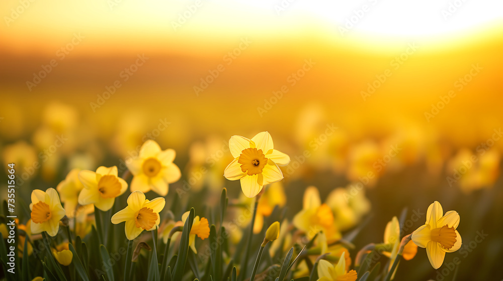 Fototapeta premium Daffodil field with golden sunlight, capturing the beauty of nature and symbol of renewal