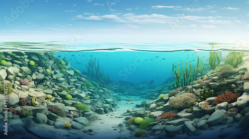 Cross-section of tropical seascape. Corals, sponges, fish, and algae in the clean sea. Seafloor with rich wildlife. Digital illustration of underwater world. Clear water in the ocean.