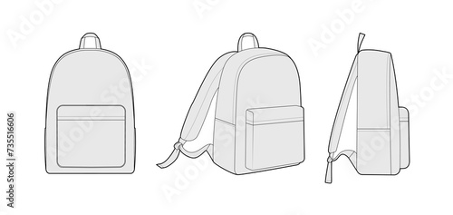Backpack silhouette bag. Fashion accessory technical illustration. Vector schoolbag front, side 3-4 view for Men, women, unisex style, flat handbag CAD mockup sketch outline isolated