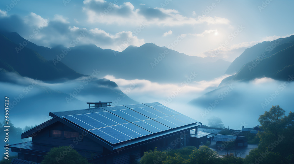 Country house with solar panels on the roof, in misty twilight, high in the mountains. Peaceful foggy landscape, cloudy sky. Modern technology in the wilderness, a remote area. Clean energy. - obrazy, fototapety, plakaty 