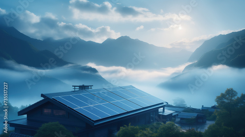 Country house with solar panels on the roof, in misty twilight, high in the mountains. Peaceful foggy landscape, cloudy sky. Modern technology in the wilderness, a remote area. Clean energy.