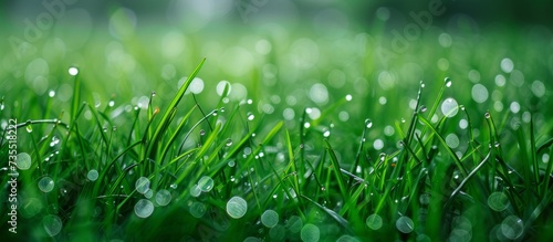 Fresh green grass with dew water drops in the morning sunlight, natural background and texture