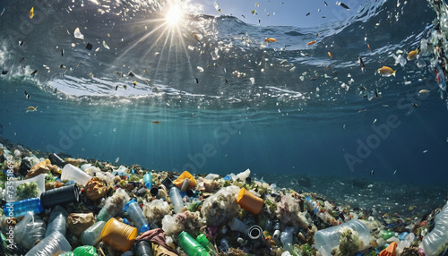 Free-floating industrial plastic waste in the ocean and on beaches, massively polluting coastal regions and waters around the world - ai generated photo