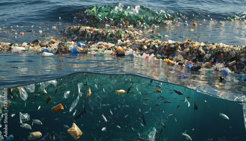 Free-floating industrial plastic waste in the ocean and on beaches, massively polluting coastal regions and waters around the world - ai generated photo