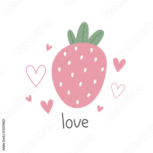 Love. Cartoon strawberry, hand drawing lettering. colorful vector illustration, flat style. design for print, greeting card, poster decoration, cover.
