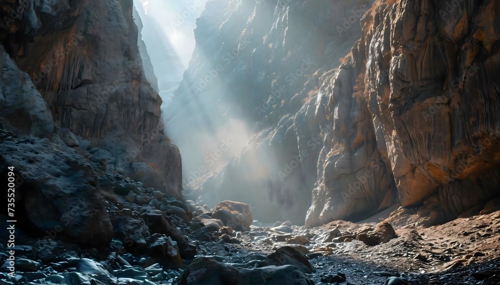 a narrow canyon with rocks and water in it - obrazy, fototapety, plakaty 
