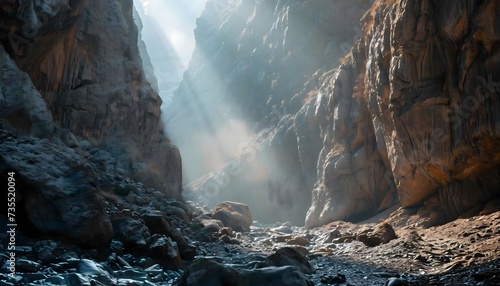 a narrow canyon with rocks and water in it