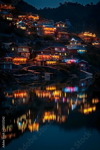 a night view of a town with a lake in front of it