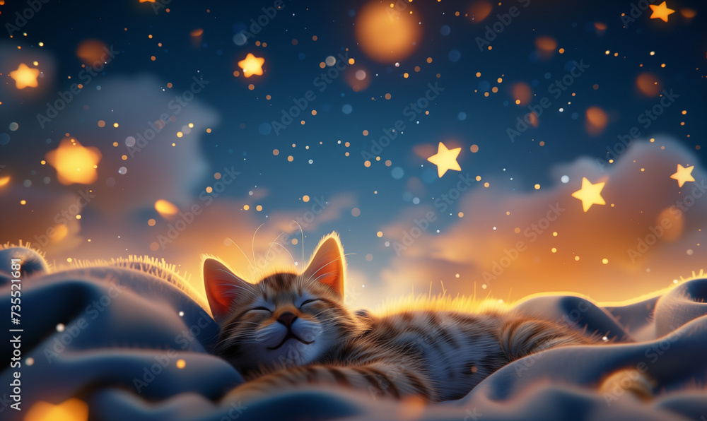 Sleeping Tabby Cat in Cozy Starry Night Setting, Dreamy Pet Slumber
